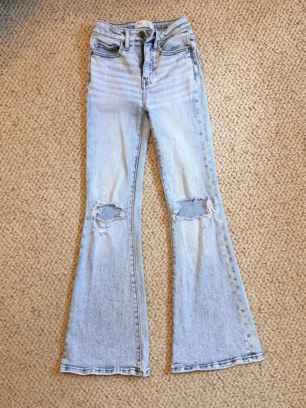 BKE Light Blue High-Rise Flare Jeans with Knee Rips